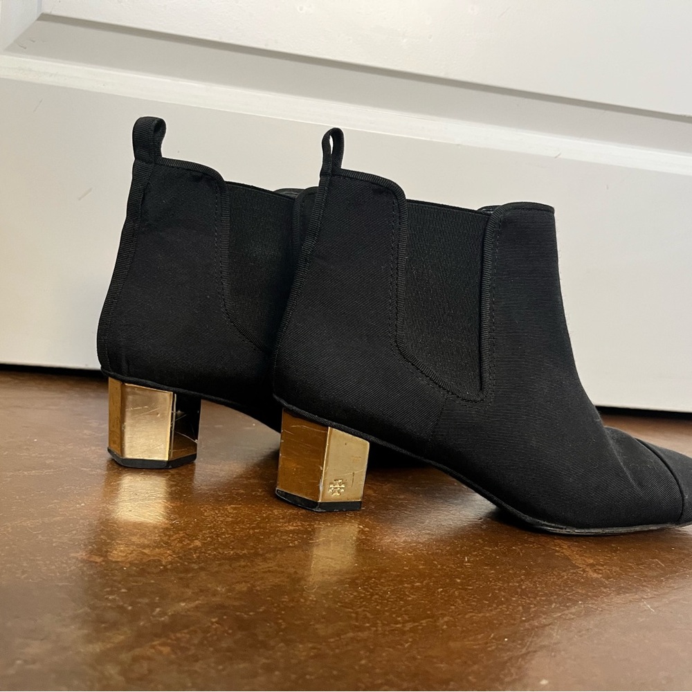 Tory Burch Black Ankle Boots with Gold Heels